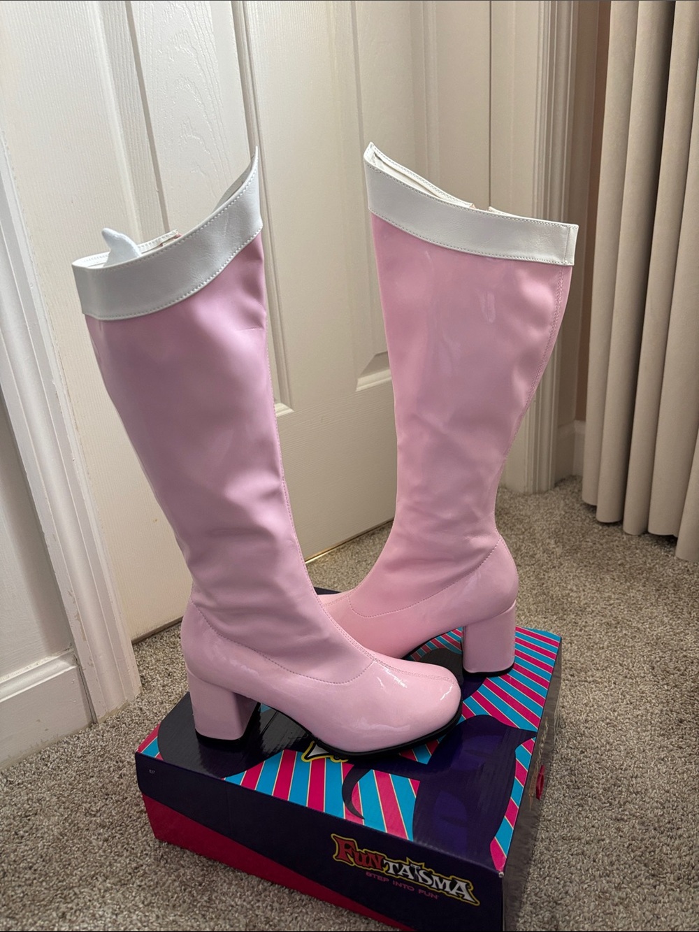 Funtasma Pink Knee-High Block Heel Boots with Cream Trim